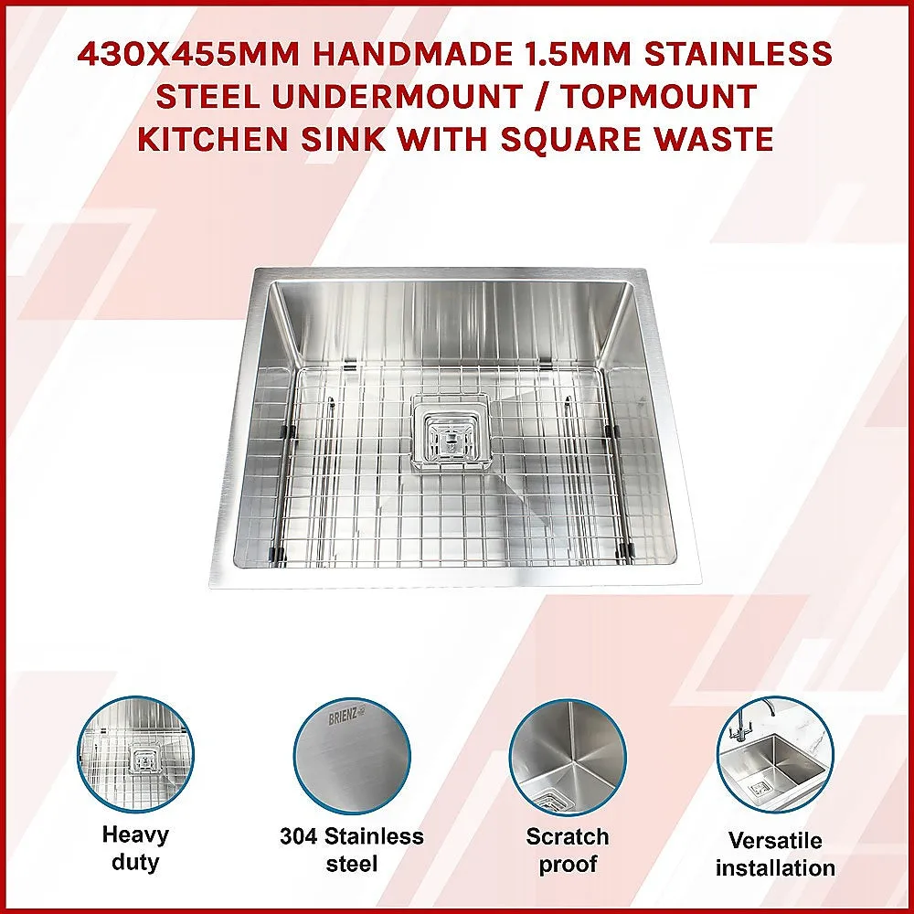 430x455mm Handmade 1.5mm Stainless Steel Undermount / Topmount Kitchen Sink | Square Waste