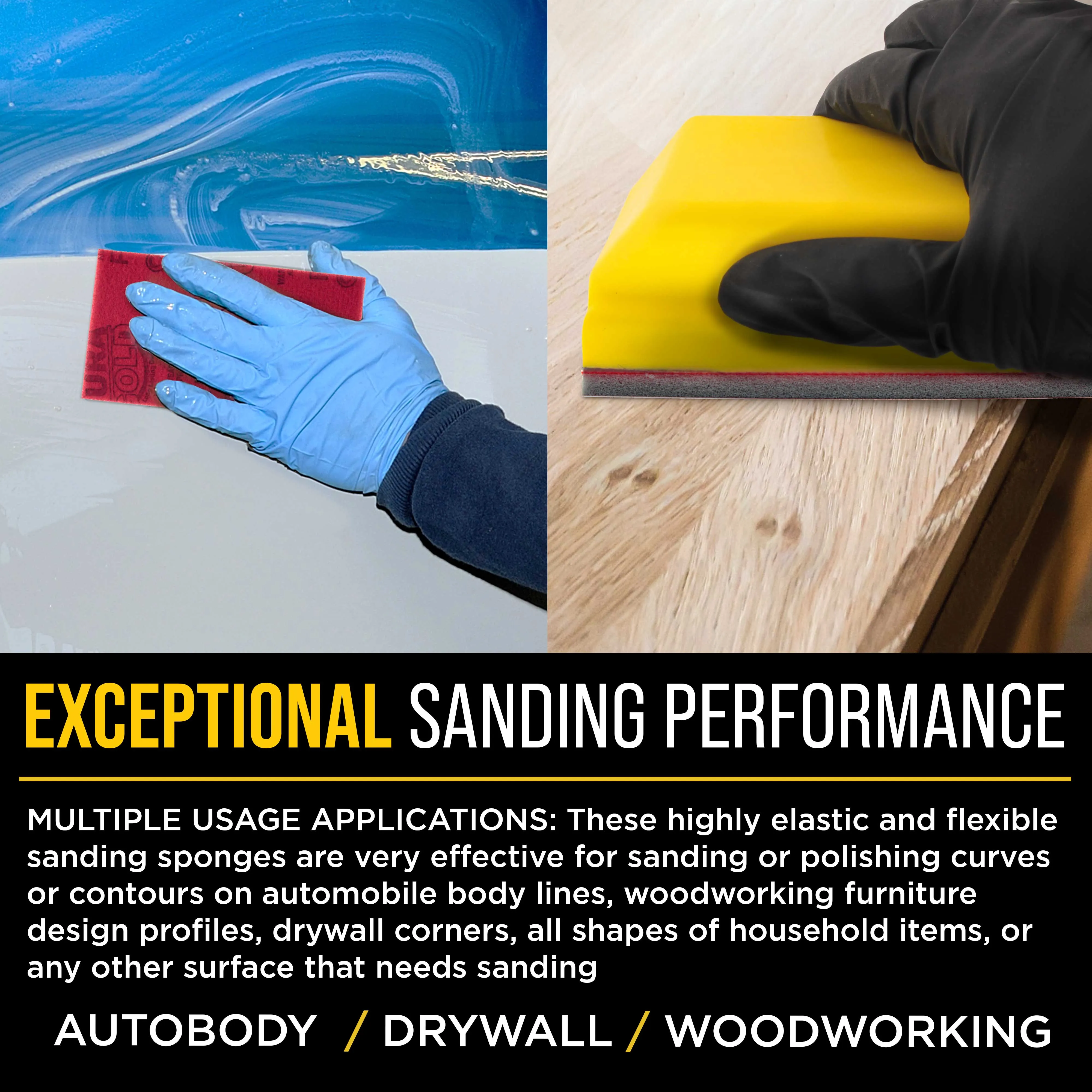 800 Grit 5" x 2-3/4" Sanding Sponges, Box of 10 - Performance Hook & Loop Wet or Dry Flexible Sandpaper Sponge Pads - For Hand Sanding Blocks, Palm Sanders - Polish Metal, Auto Paint, Wood