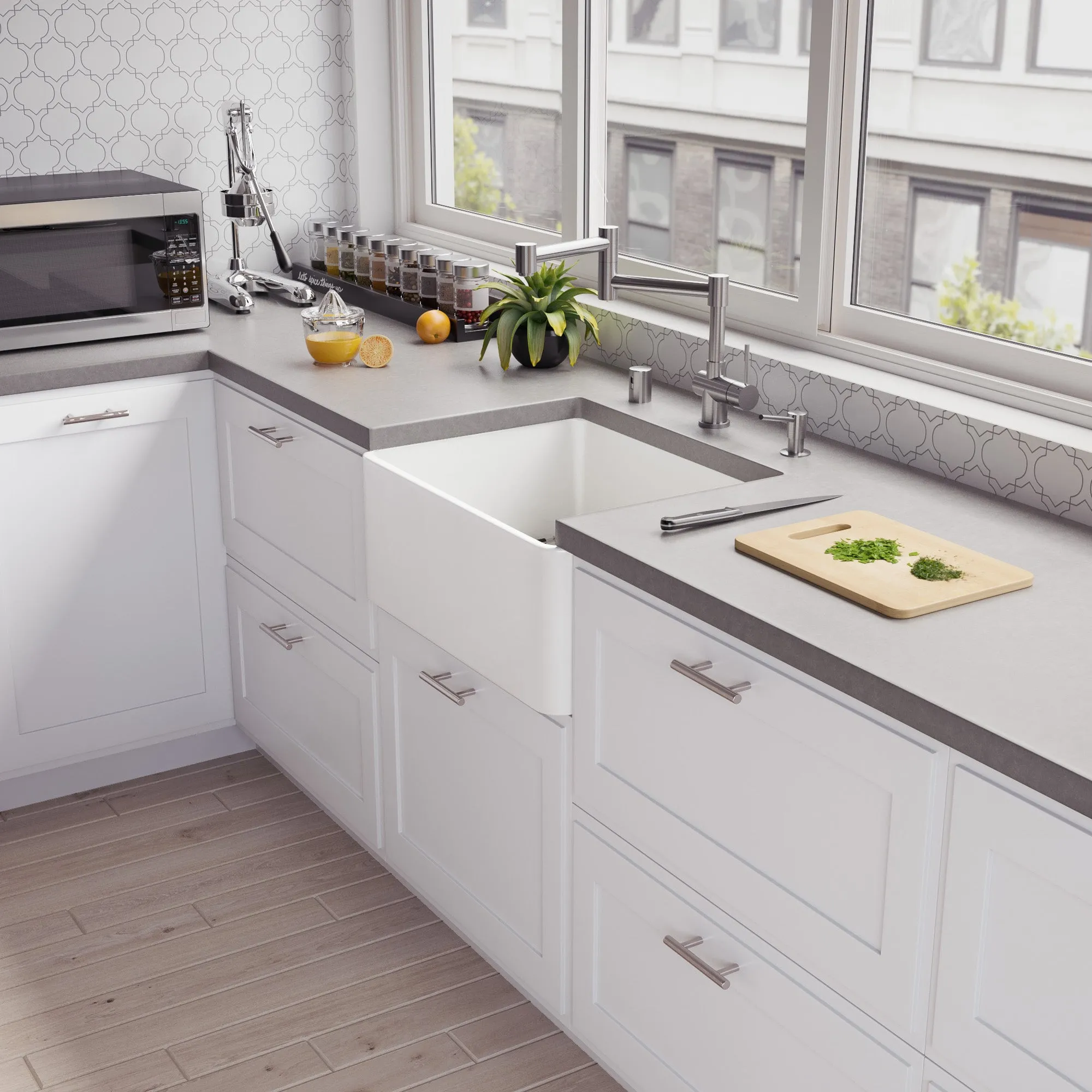 ALFI Brand - 24" White Thin Wall Single Bowl Smooth Apron Fireclay Kitchen Farm Sink | ABF2418-W
