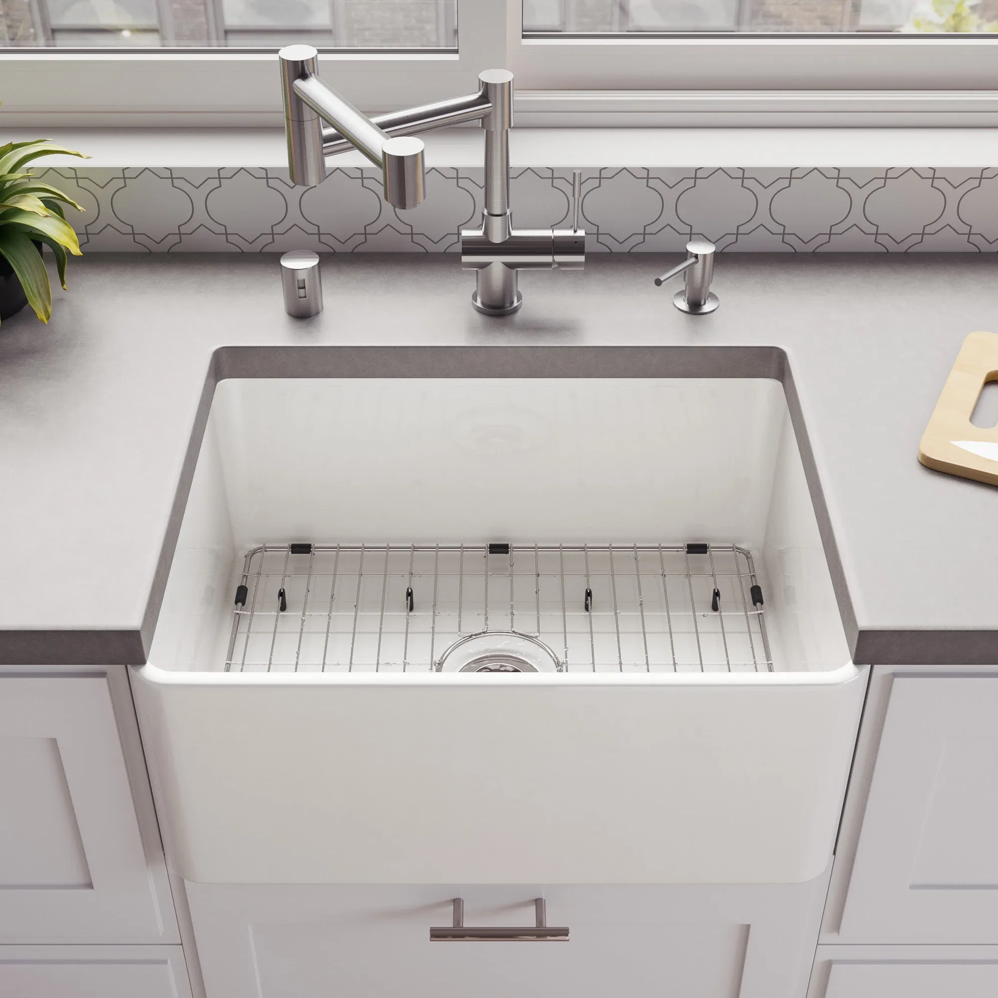 ALFI Brand - 24" White Thin Wall Single Bowl Smooth Apron Fireclay Kitchen Farm Sink | ABF2418-W