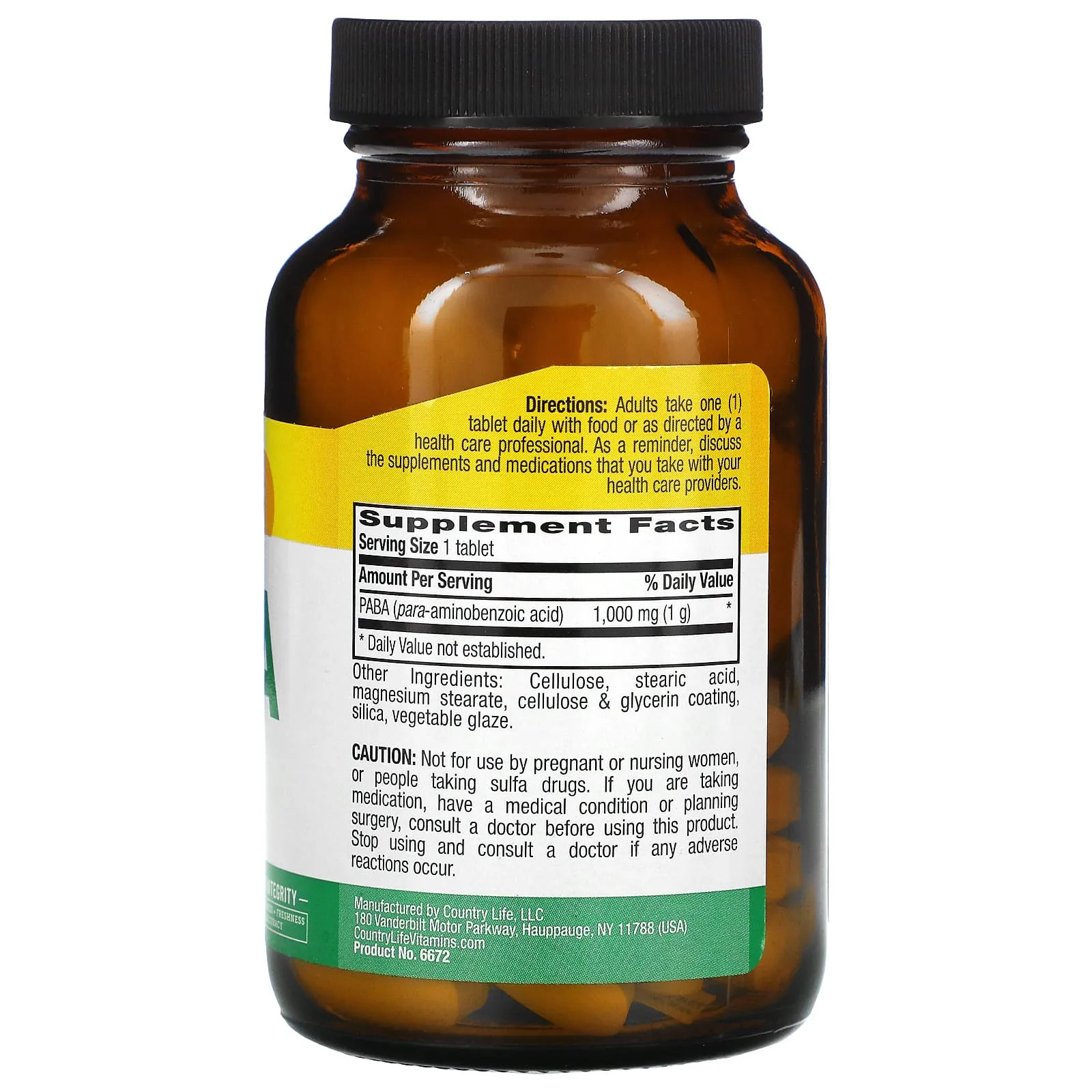 Country Life, Paba, 1,000 Mg, 60 Tablets