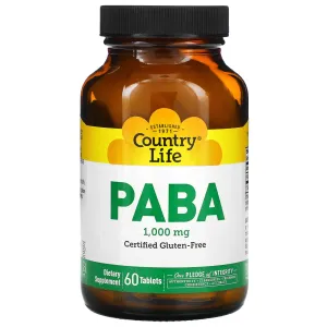 Country Life, Paba, 1,000 Mg, 60 Tablets