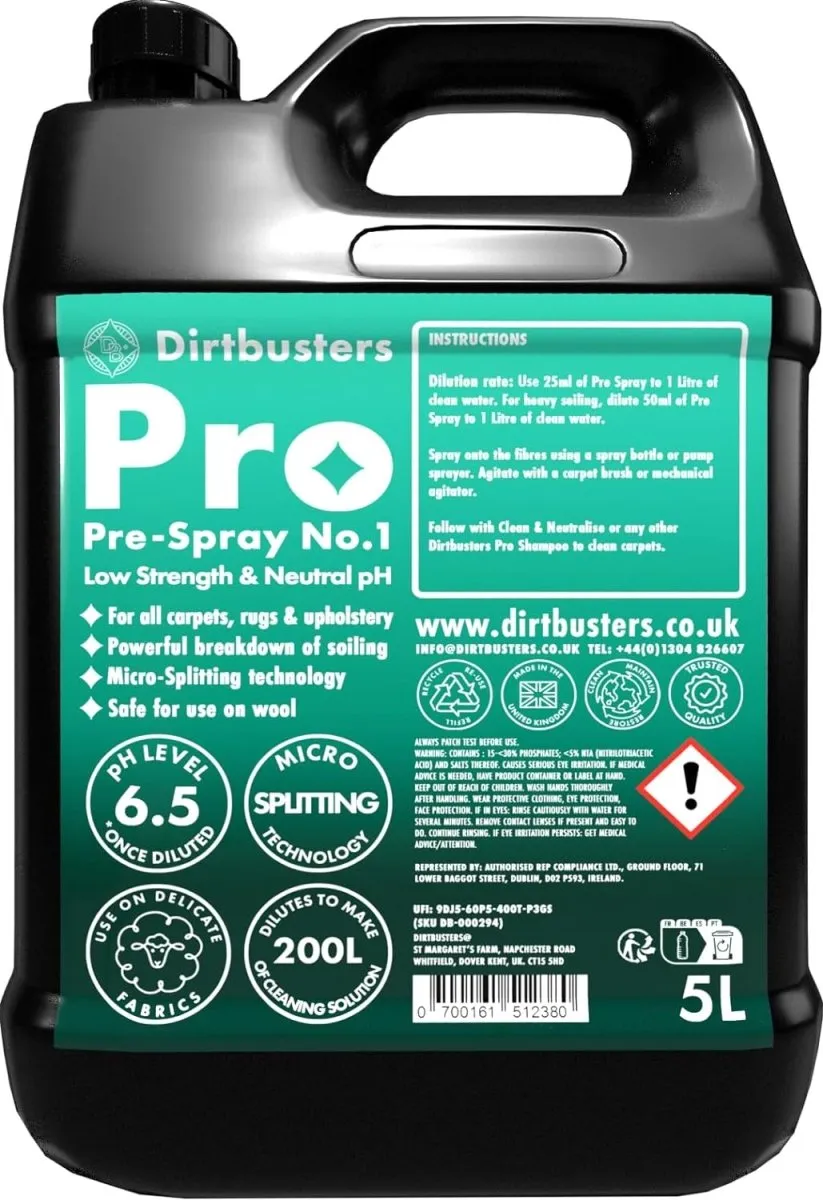 Dirtbusters Carpet Prespray ph Neutral No.1 Cleaner (5 Litre) TRADE