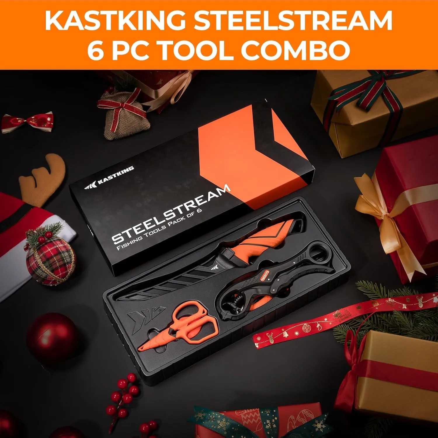 Kastking Steelstream 6Pc Fishing Tool Kit - Corrosion Resistant Fishing Pliers with Lanyard, Fillet Knife, Floating Fish Lip Gripper, Fishing Braid Scissors, Tool Retractor, Fishing Gifts for Men