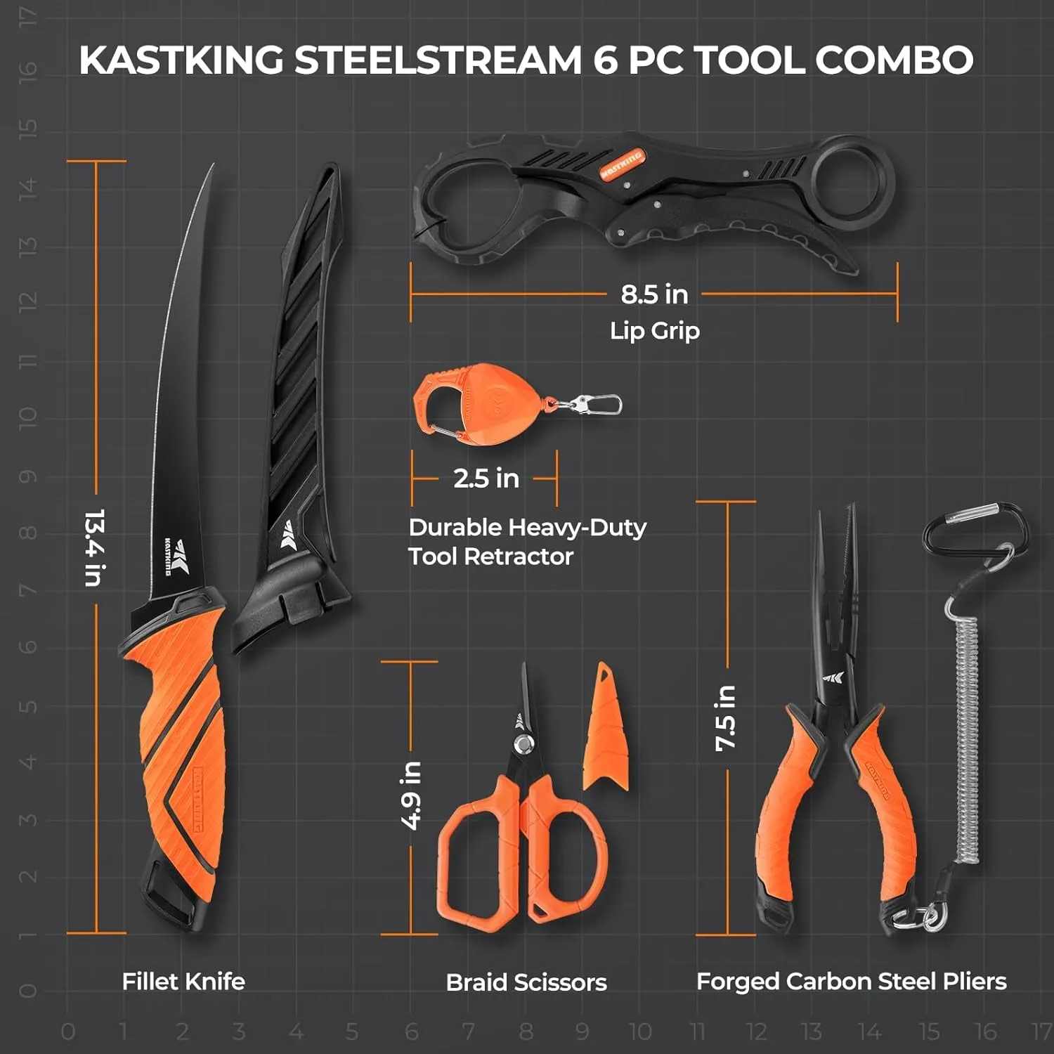 Kastking Steelstream 6Pc Fishing Tool Kit - Corrosion Resistant Fishing Pliers with Lanyard, Fillet Knife, Floating Fish Lip Gripper, Fishing Braid Scissors, Tool Retractor, Fishing Gifts for Men