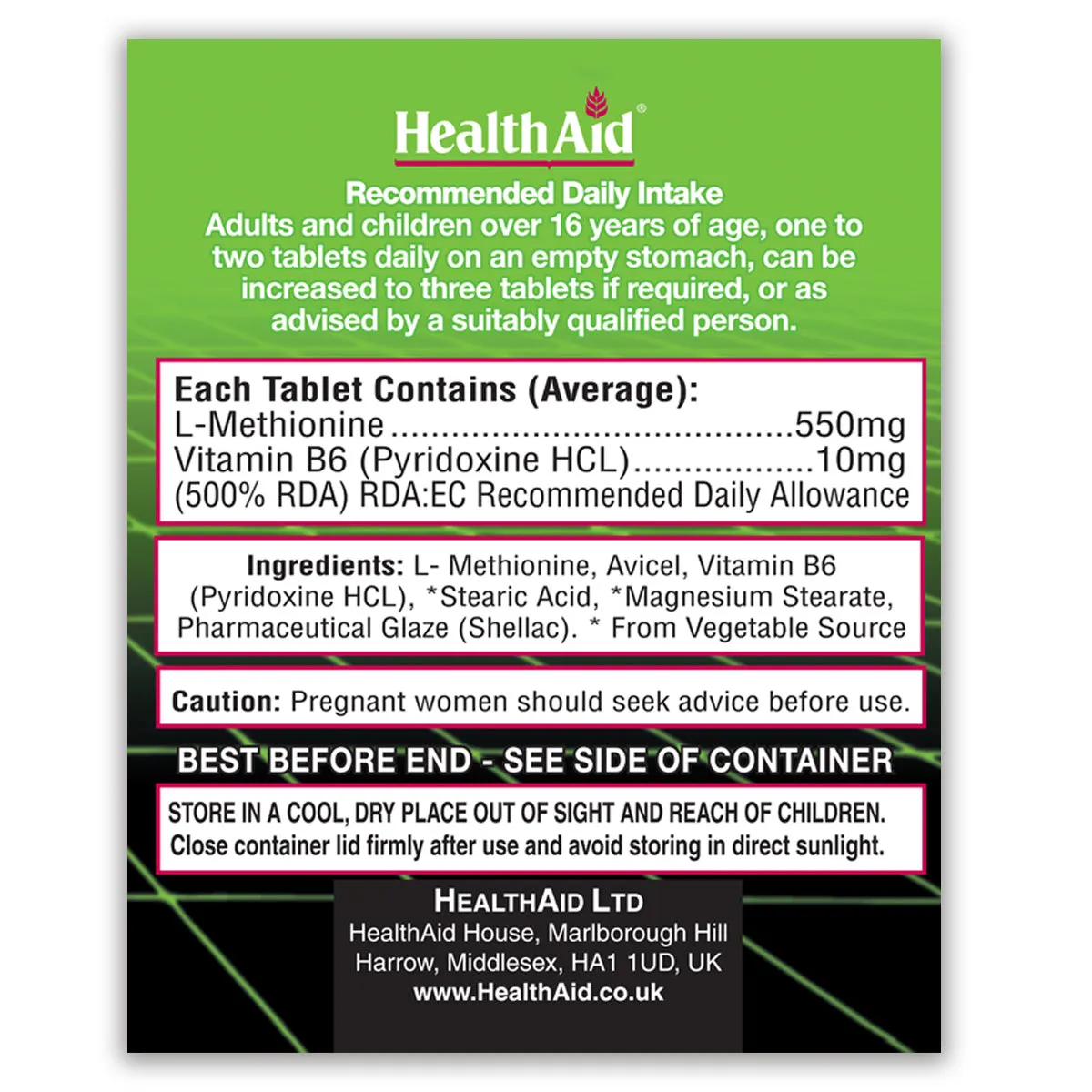 L-Methionine 550mg   Vitamin B6 Tablets